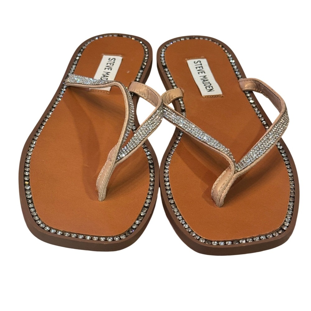 Steve Madden Rhinestone Embellished Flip‎ Flop Sandals Brown Tan Women Size 8